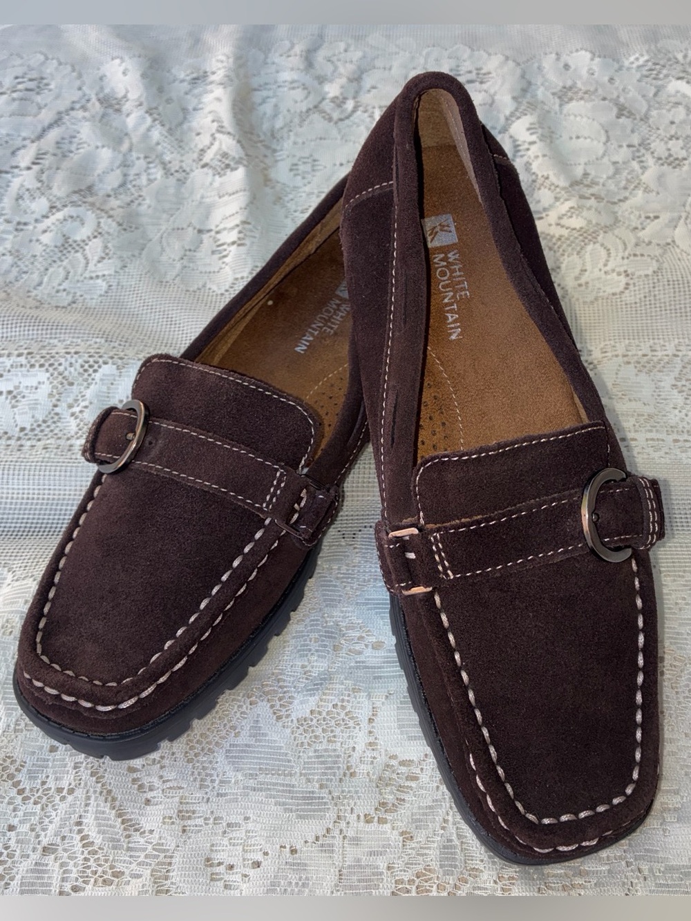 White Mountain Dark Brown Suede Buckle Loafers